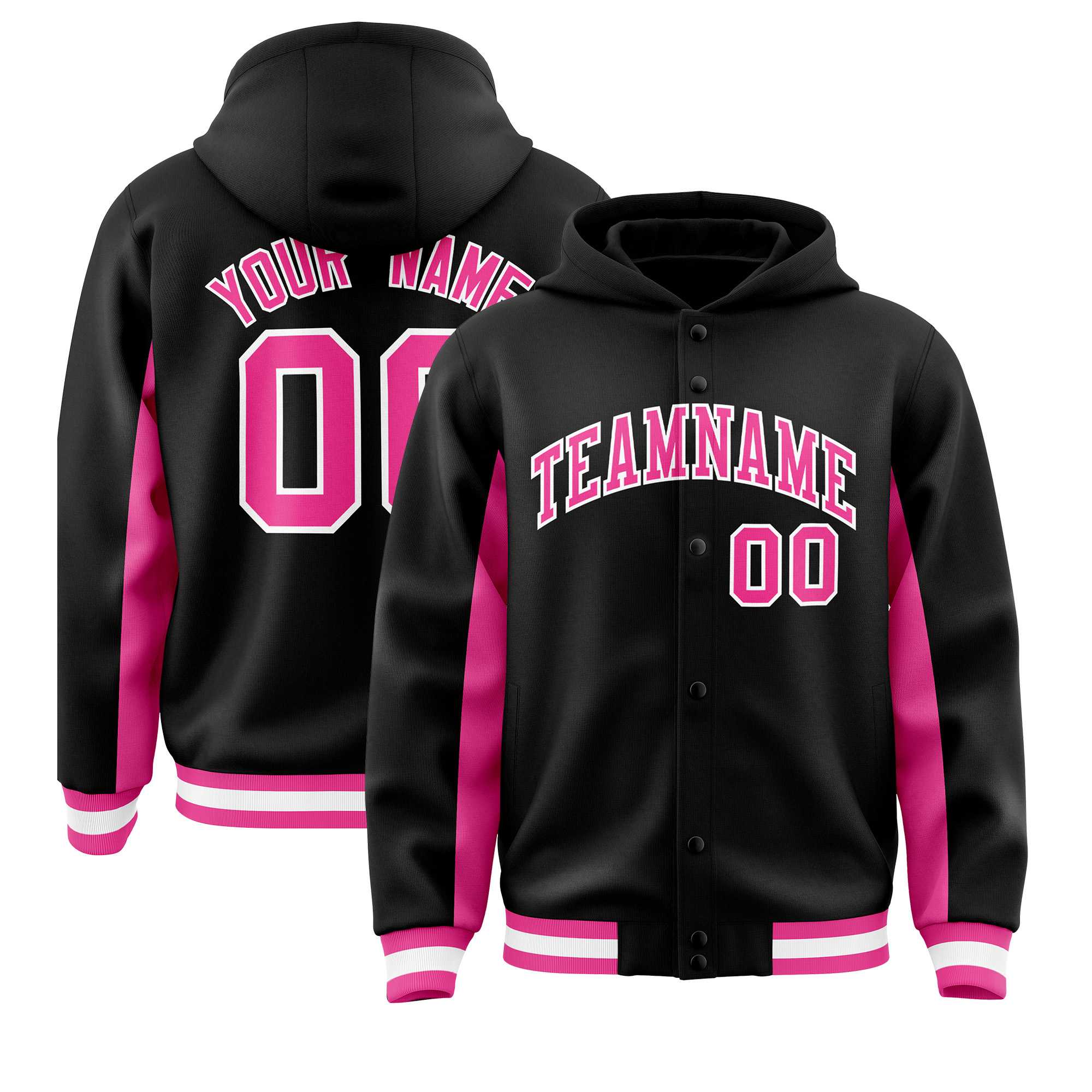 Custom Black Pink Color Block Varsity Full-Snap Letterman Hoodie Jacket