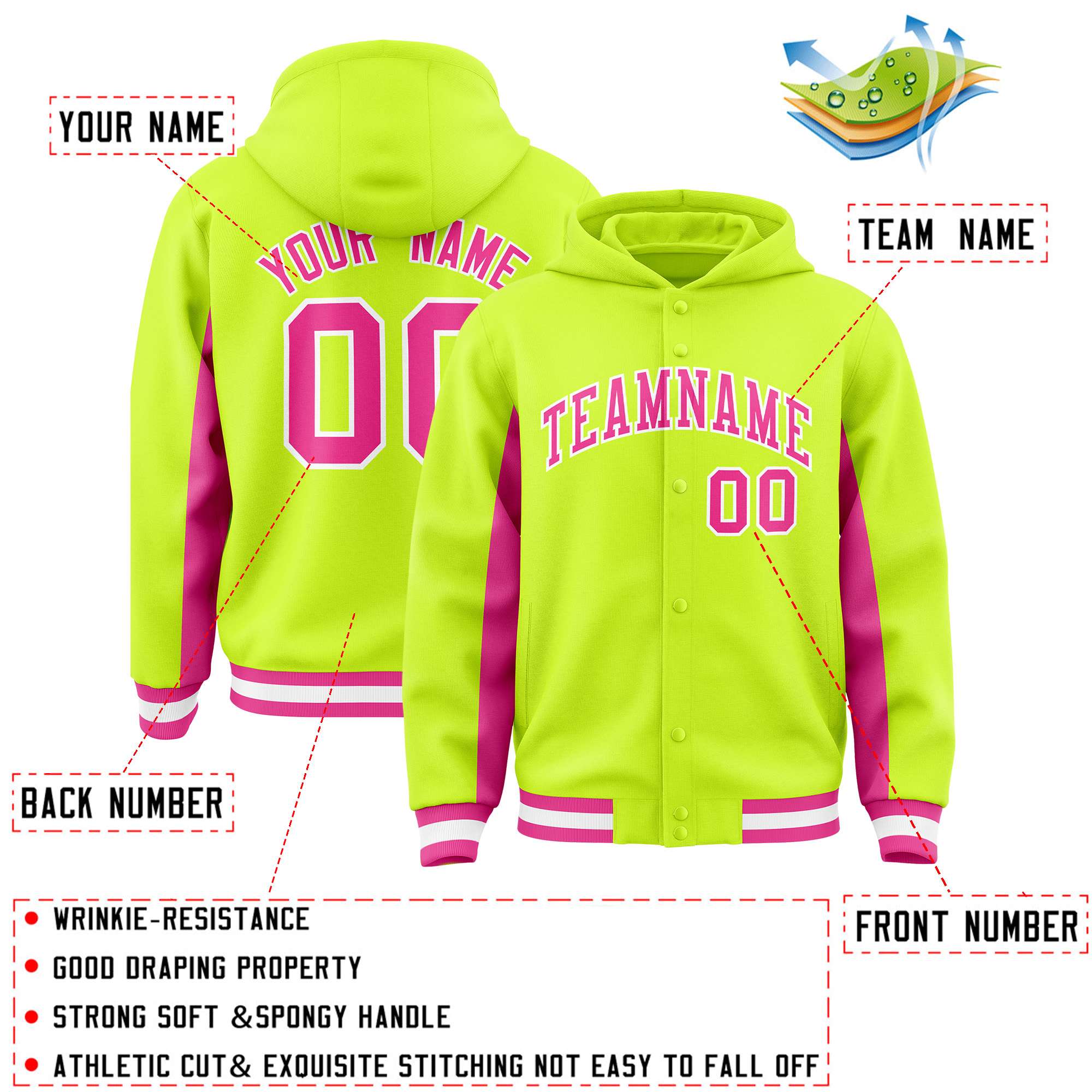 Custom Neon Green Pink Color Block Varsity Full-Snap Letterman Hoodie Jacket