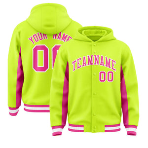 Custom Neon Green Pink Color Block Varsity Full-Snap Letterman Hoodie Jacket