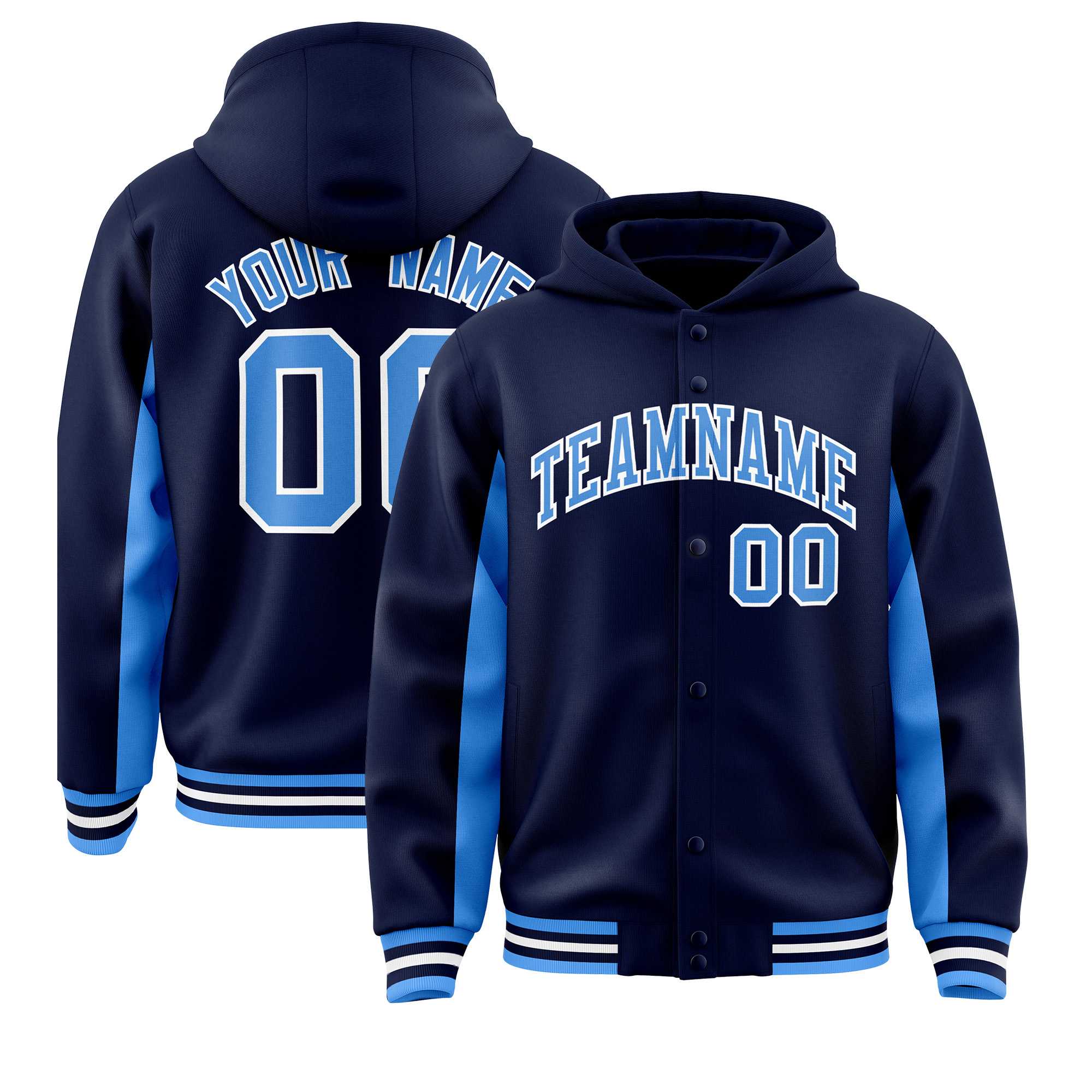 Custom Navy Powder Blue Color Block Varsity Full-Snap Letterman Hoodie Jacket