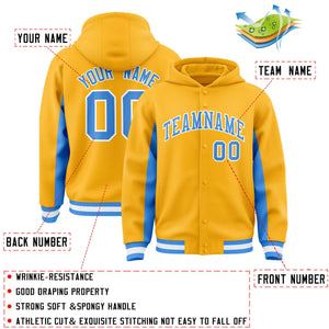 Custom Gold Powder Blue Color Block Varsity Full-Snap Letterman Hoodie Jacket