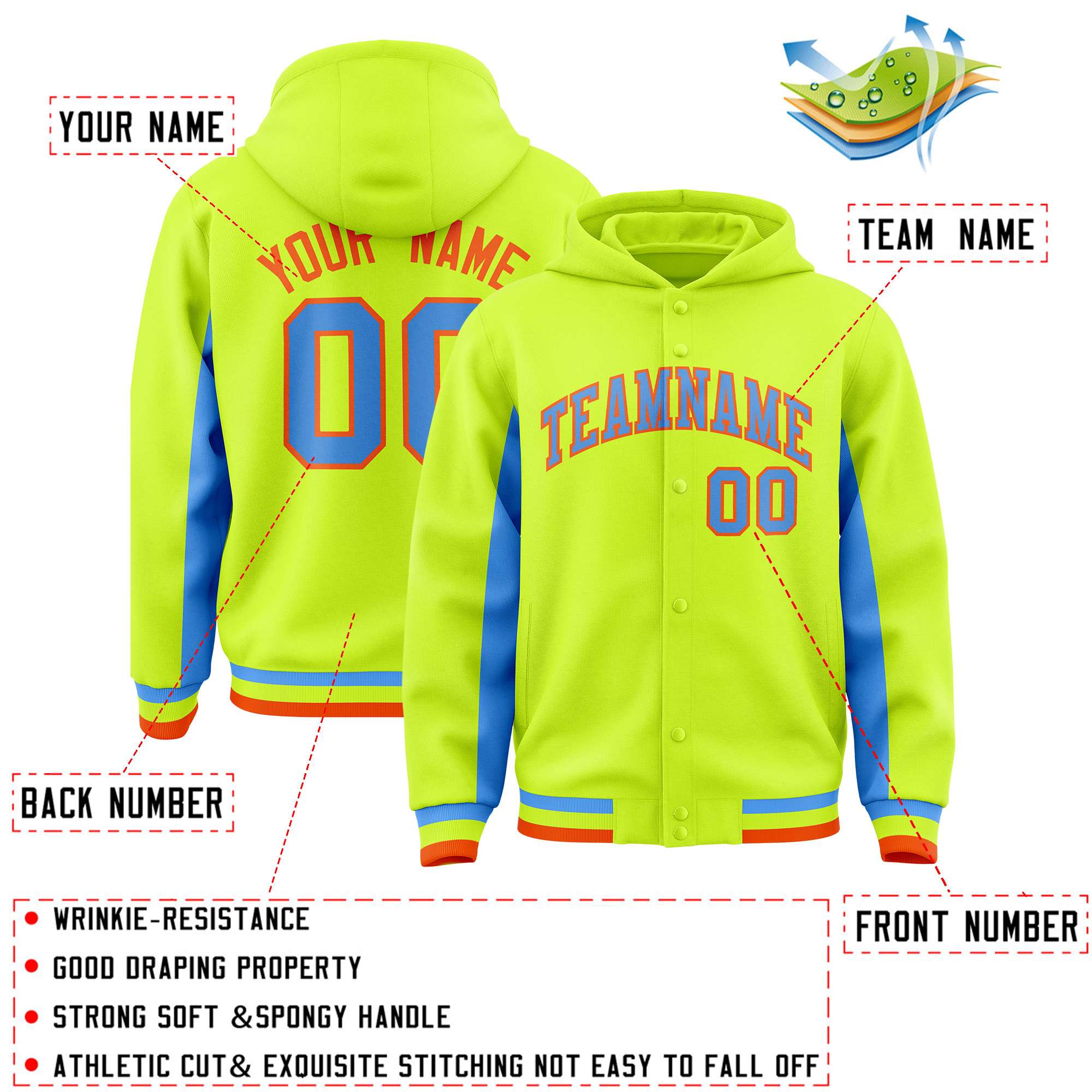 Custom Neon Green Powder Blue Color Block Varsity Full-Snap Letterman Hoodie Jacket