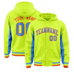 Custom Neon Green Powder Blue Color Block Varsity Full-Snap Letterman Hoodie Jacket