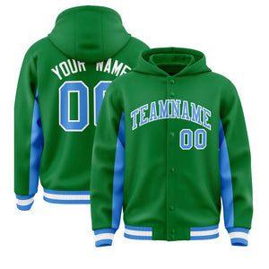 Custom Kelly Green Powder Blue Color Block Varsity Full-Snap Letterman Hoodie Jacket