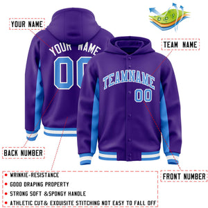 Custom Purple Powder Blue Color Block Varsity Full-Snap Letterman Hoodie Jacket