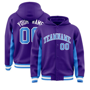 Custom Purple Powder Blue Color Block Varsity Full-Snap Letterman Hoodie Jacket