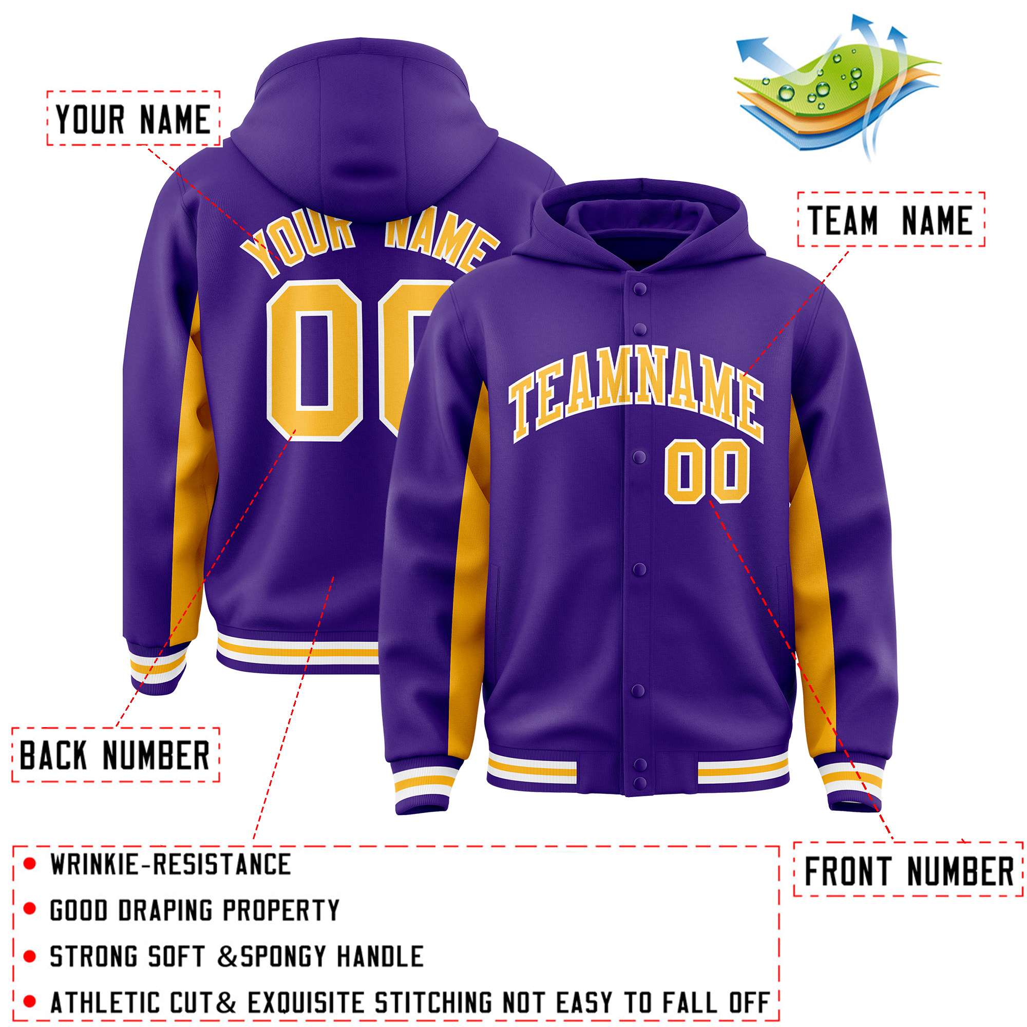 Custom Purple Gold Color Block Varsity Full-Snap Letterman Hoodie Jacket