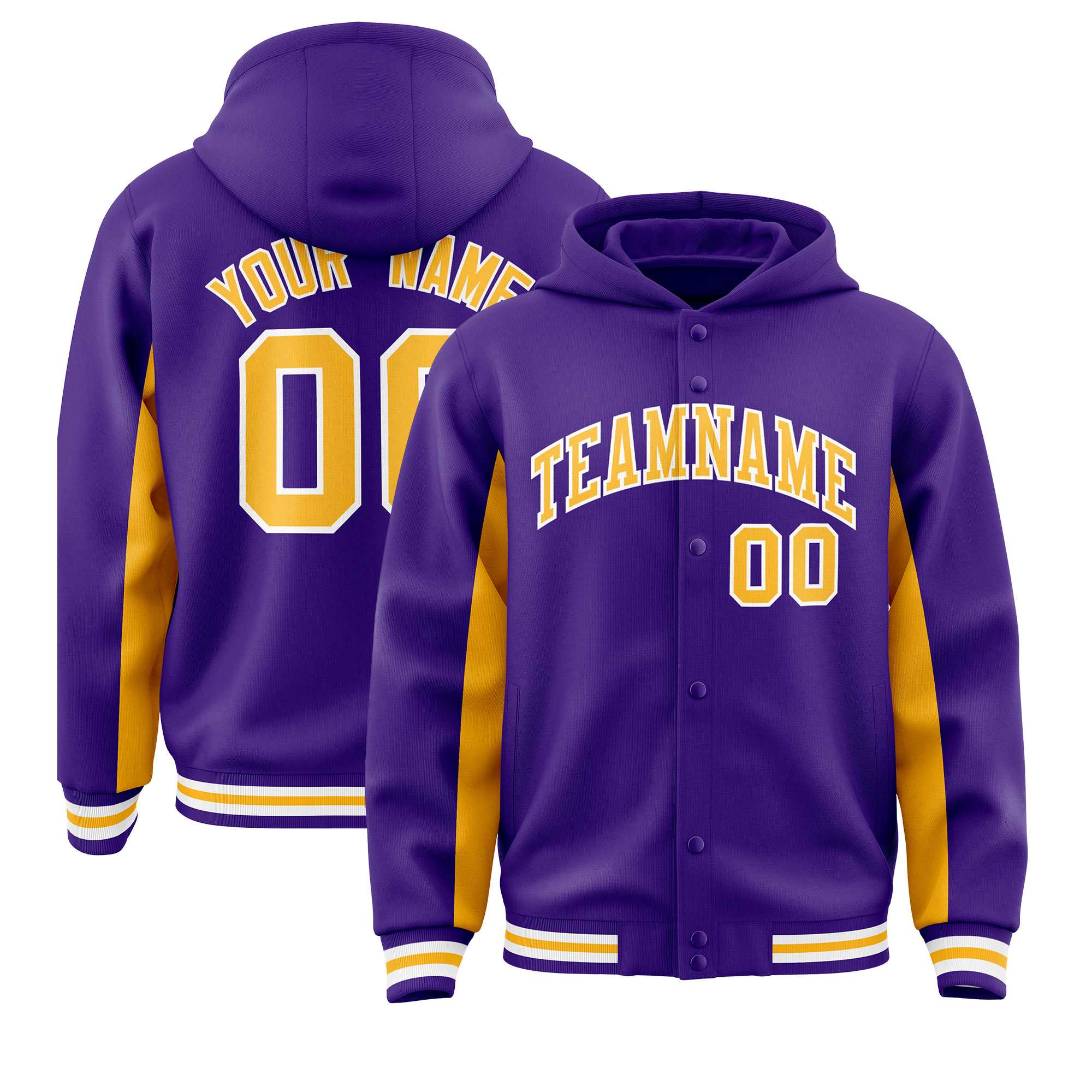 Custom Purple Gold Color Block Varsity Full-Snap Letterman Hoodie Jacket