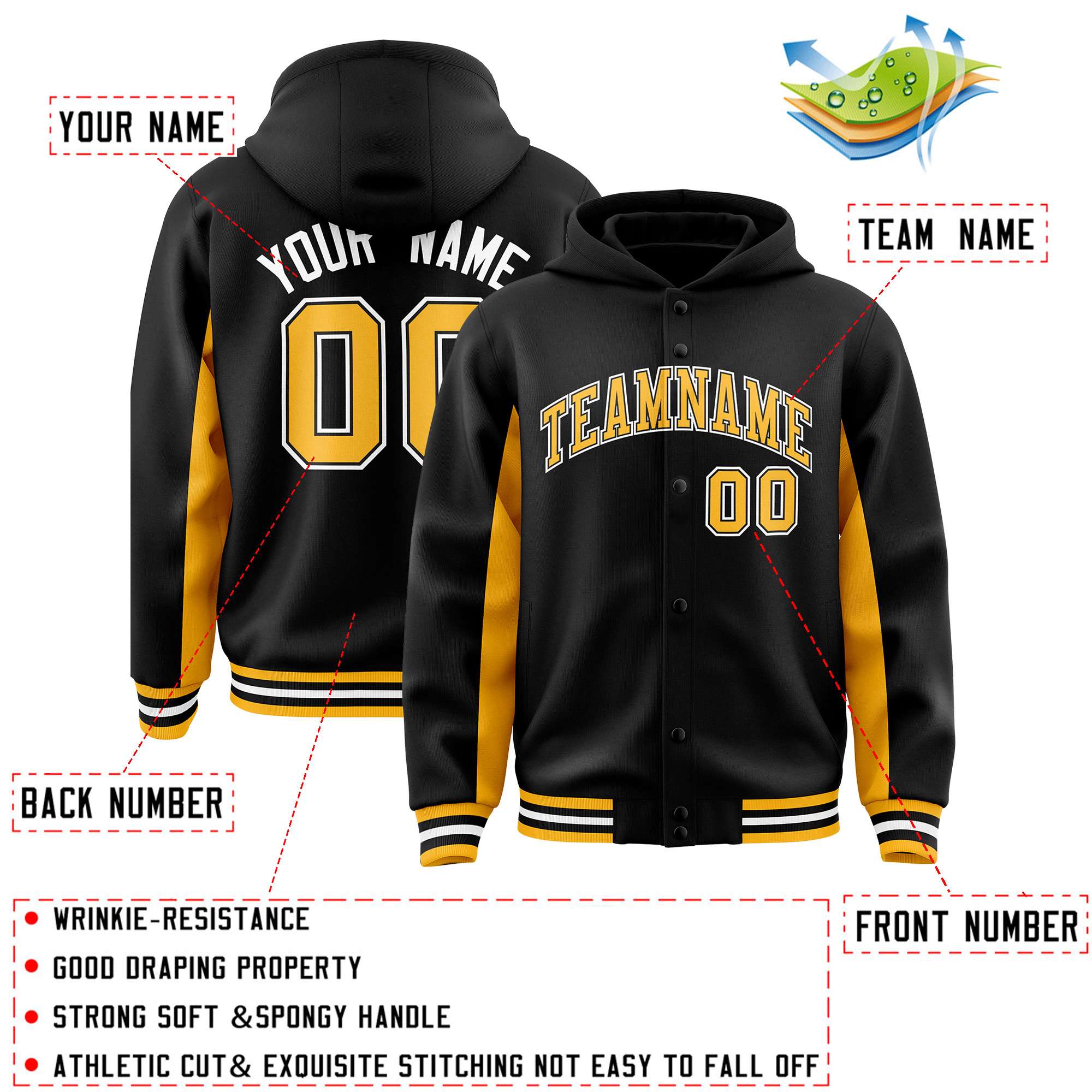 Custom Black Gold Color Block Varsity Full-Snap Letterman Hoodie Jacket