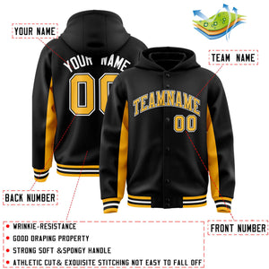 Custom Black Gold Color Block Varsity Full-Snap Letterman Hoodie Jacket