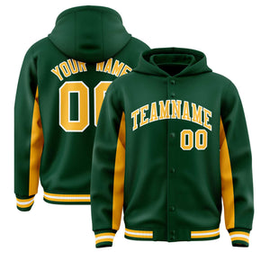 Custom Green Gold Color Block Varsity Full-Snap Letterman Hoodie Jacket