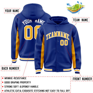 Custom Royal Gold Color Block Varsity Full-Snap Letterman Hoodie Jacket