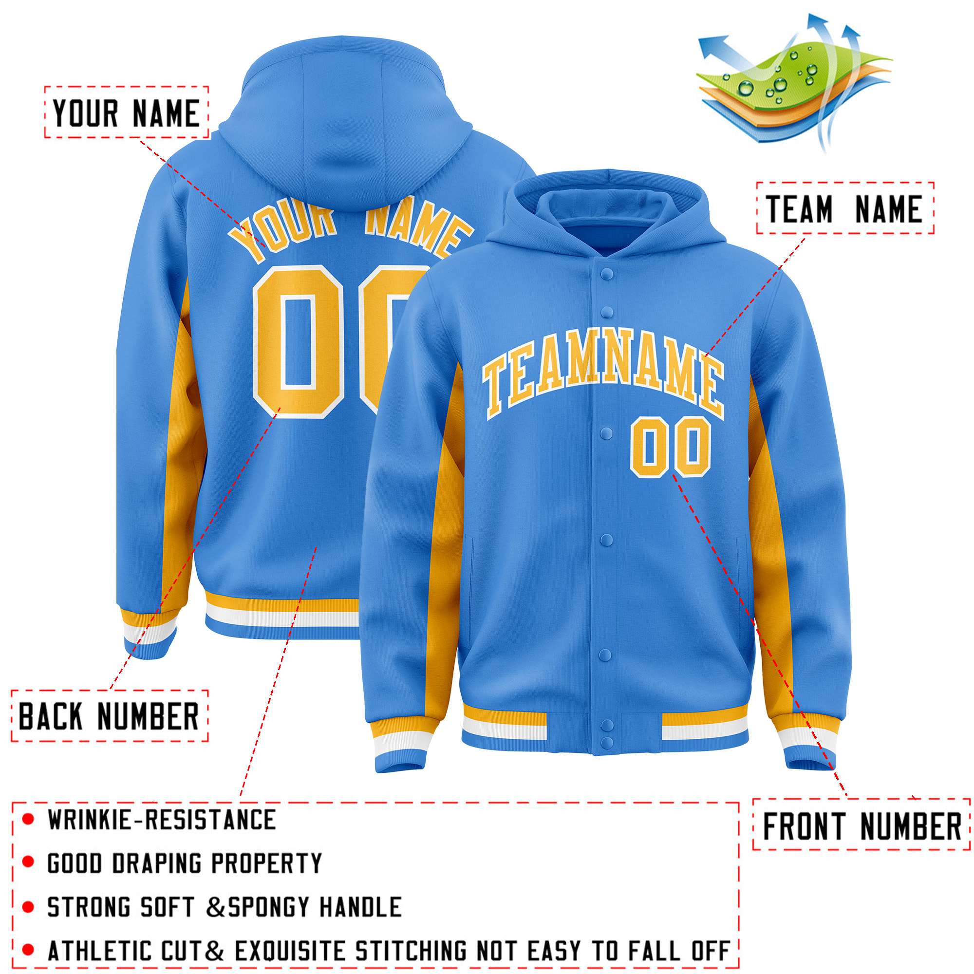 Custom Powder Blue Gold Color Block Varsity Full-Snap Letterman Hoodie Jacket