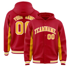 Custom Red Gold Color Block Varsity Full-Snap Letterman Hoodie Jacket