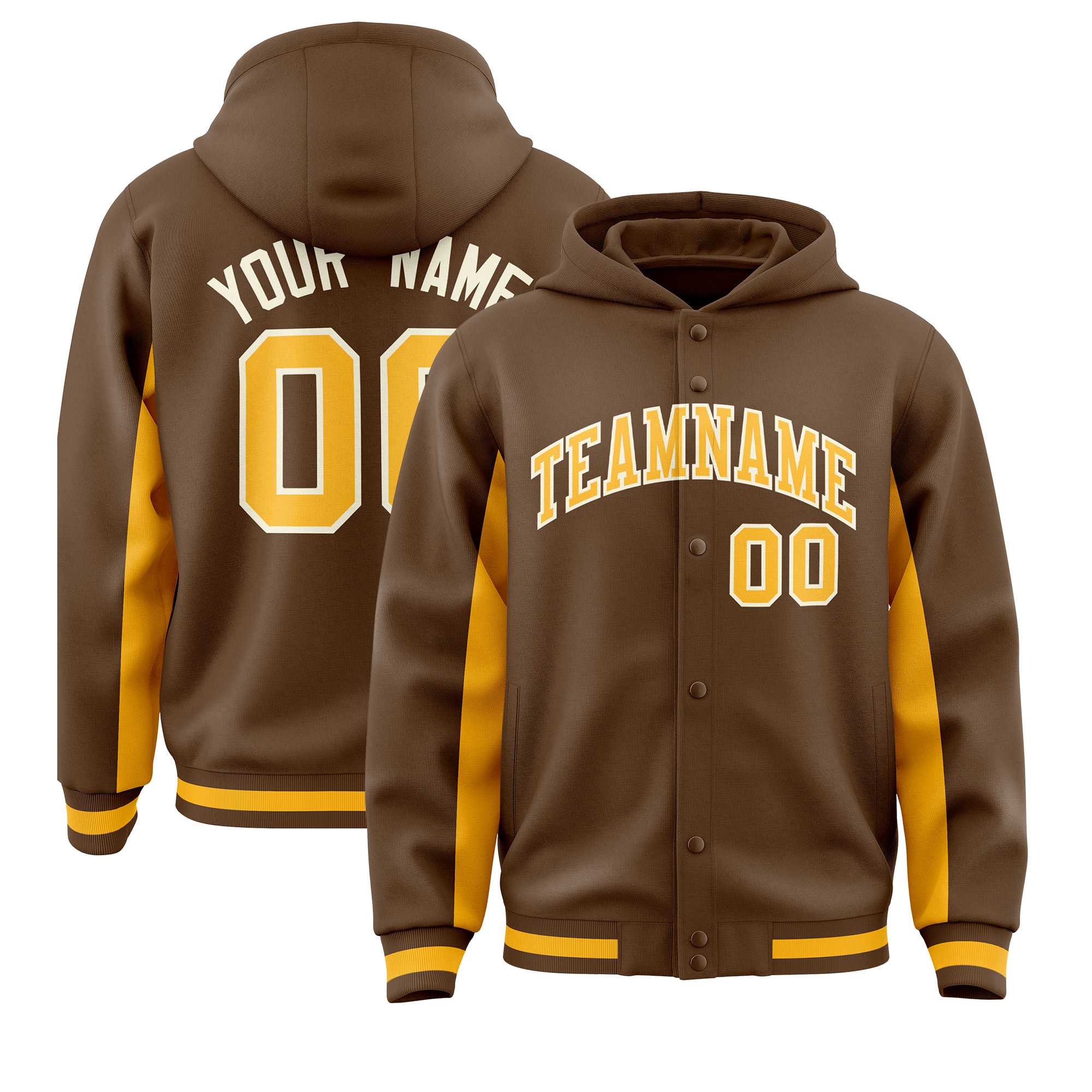 Custom Light Brown Gold Color Block Varsity Full-Snap Letterman Hoodie Jacket