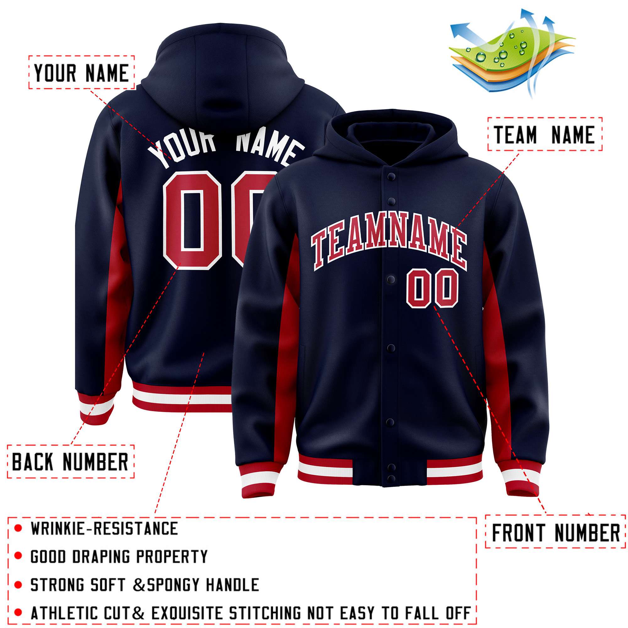 Custom Navy Red Color Block Varsity Full-Snap Letterman Hoodie Jacket