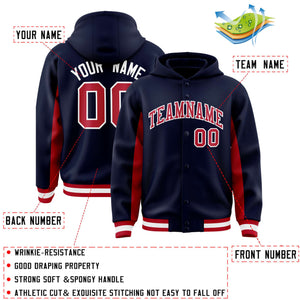 Custom Navy Red Color Block Varsity Full-Snap Letterman Hoodie Jacket