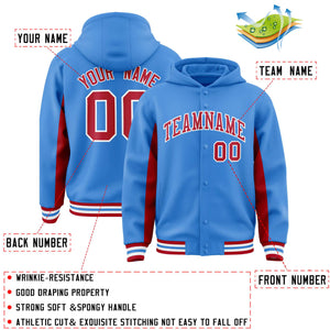 Custom Powder Blue Red Color Block Varsity Full-Snap Letterman Hoodie Jacket