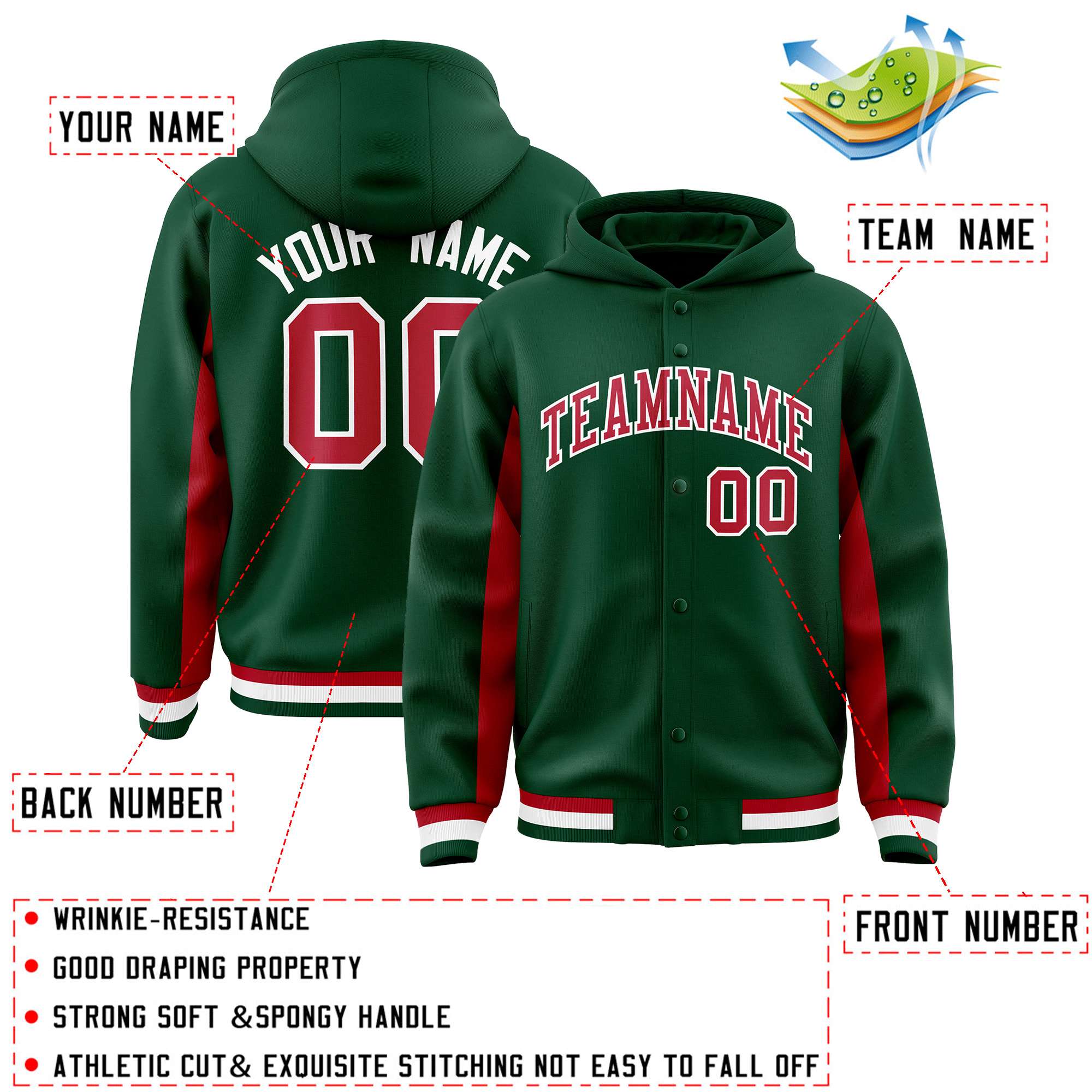 Custom Green Red Color Block Varsity Full-Snap Letterman Hoodie Jacket