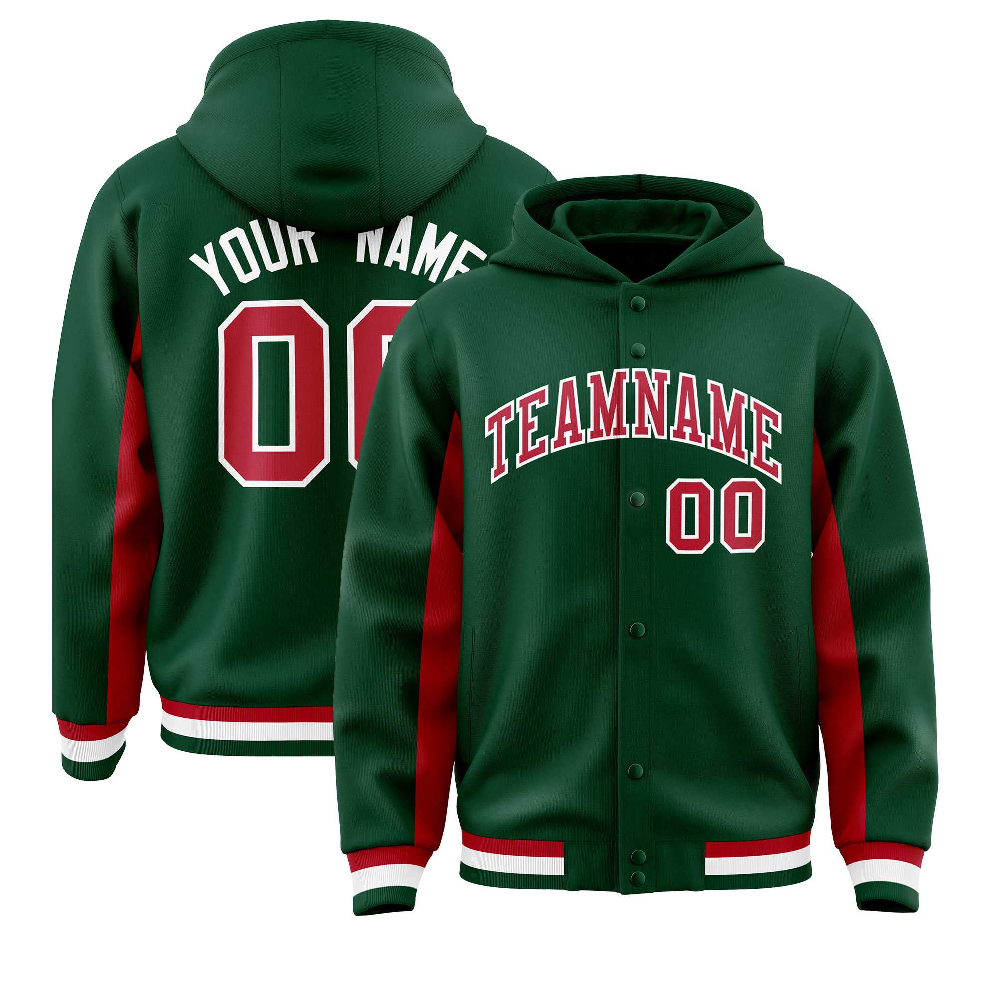 Custom Green Red Color Block Varsity Full-Snap Letterman Hoodie Jacket