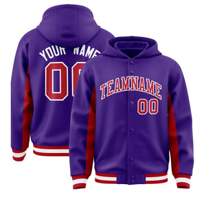 Custom Purple Red Color Block Varsity Full-Snap Letterman Hoodie Jacket