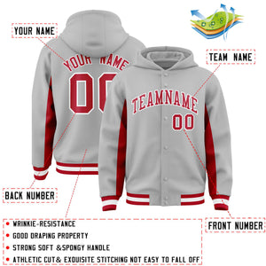 Custom Gray Red Color Block Varsity Full-Snap Letterman Hoodie Jacket