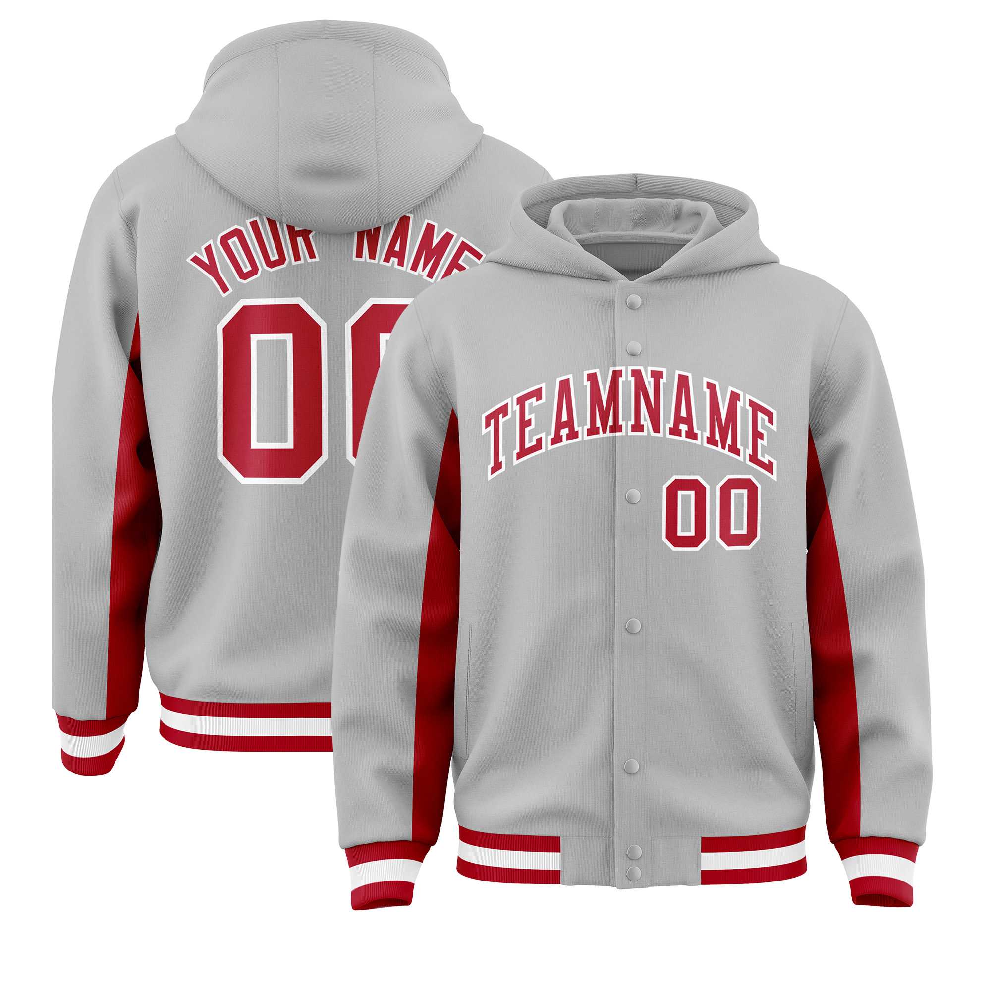 Custom Gray Red Color Block Varsity Full-Snap Letterman Hoodie Jacket