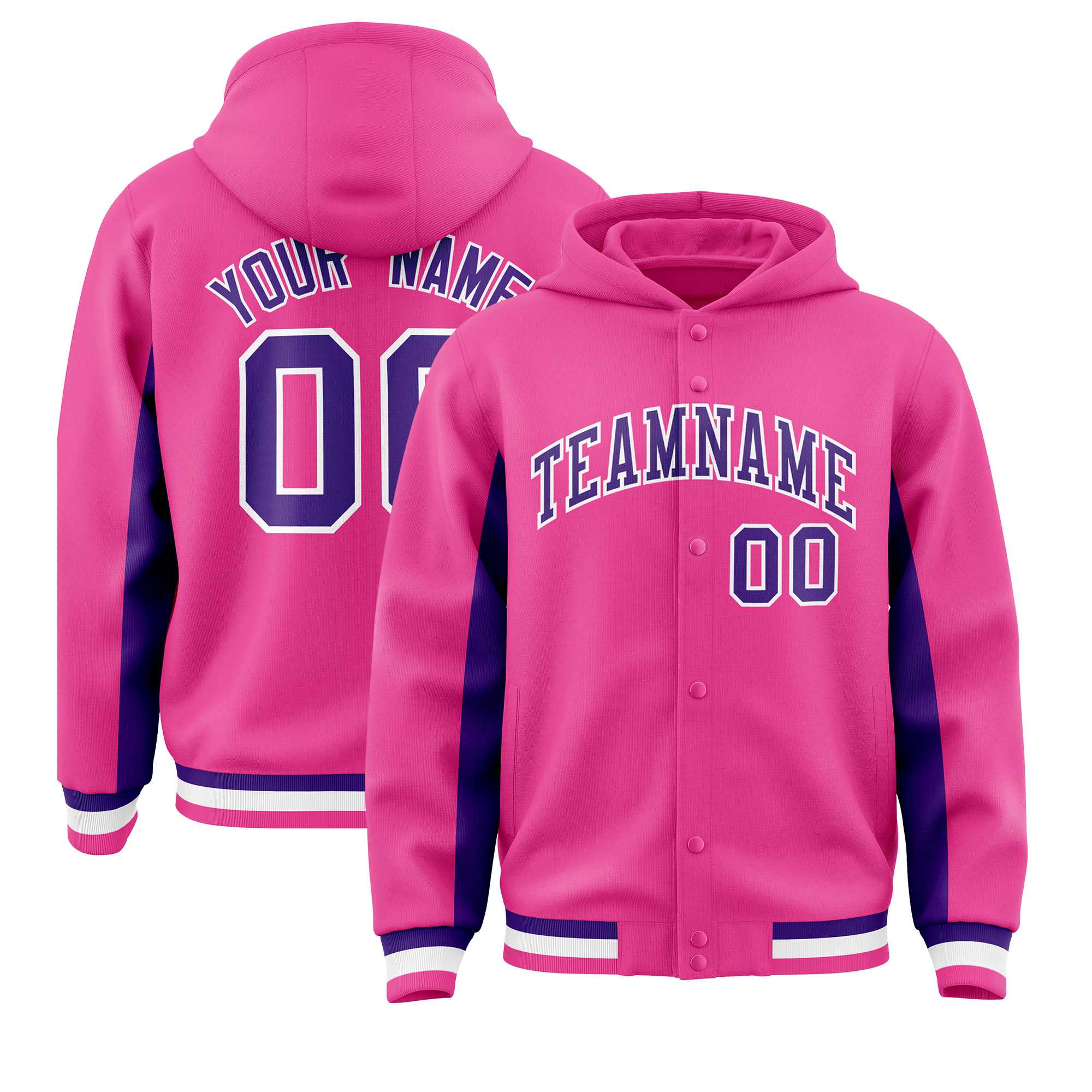 Custom Pink Purple Color Block Varsity Full-Snap Letterman Hoodie Jacket