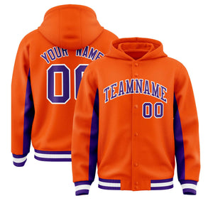 Custom Orange Purple Color Block Varsity Full-Snap Letterman Hoodie Jacket