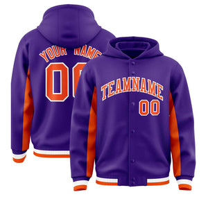 Custom Purple Orange Color Block Varsity Full-Snap Letterman Hoodie Jacket