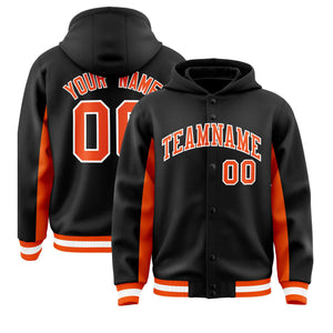 Custom Black Orange Color Block Varsity Full-Snap Letterman Hoodie Jacket