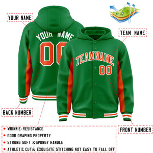 Custom Kelly Green Orange Color Block Varsity Full-Snap Letterman Hoodie Jacket