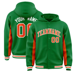 Custom Kelly Green Orange Color Block Varsity Full-Snap Letterman Hoodie Jacket