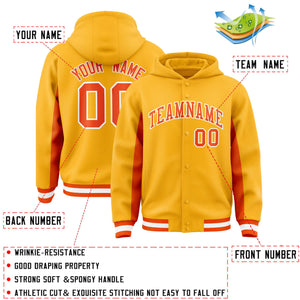 Custom Gold Orange Color Block Varsity Full-Snap Letterman Hoodie Jacket