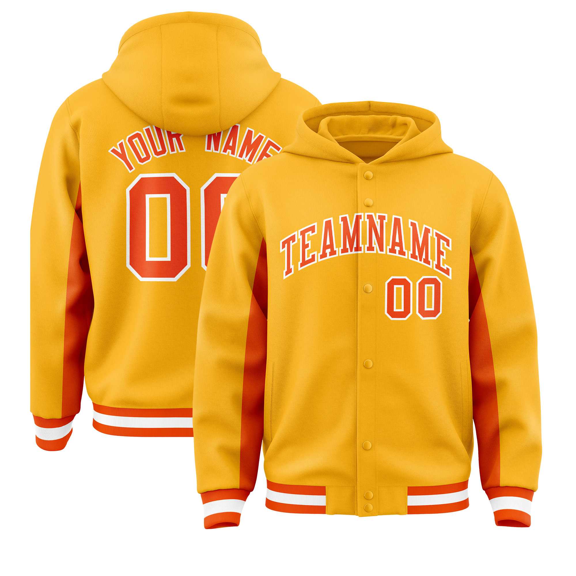 Custom Gold Orange Color Block Varsity Full-Snap Letterman Hoodie Jacket