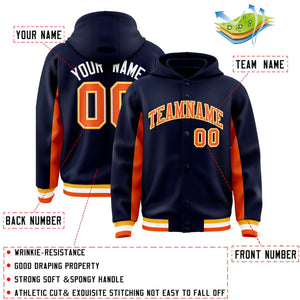 Custom Navy Orange Color Block Varsity Full-Snap Letterman Hoodie Jacket