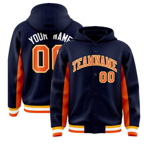 Custom Navy Orange Color Block Varsity Full-Snap Letterman Hoodie Jacket