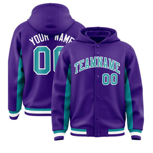 Custom Purple Aqua Color Block Varsity Full-Snap Letterman Hoodie Jacket