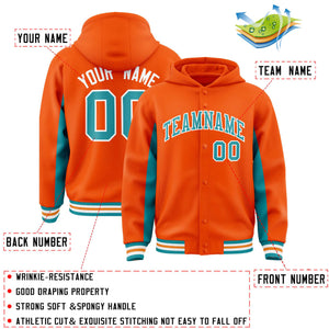 Custom Orange Aqua Color Block Varsity Full-Snap Letterman Hoodie Jacket