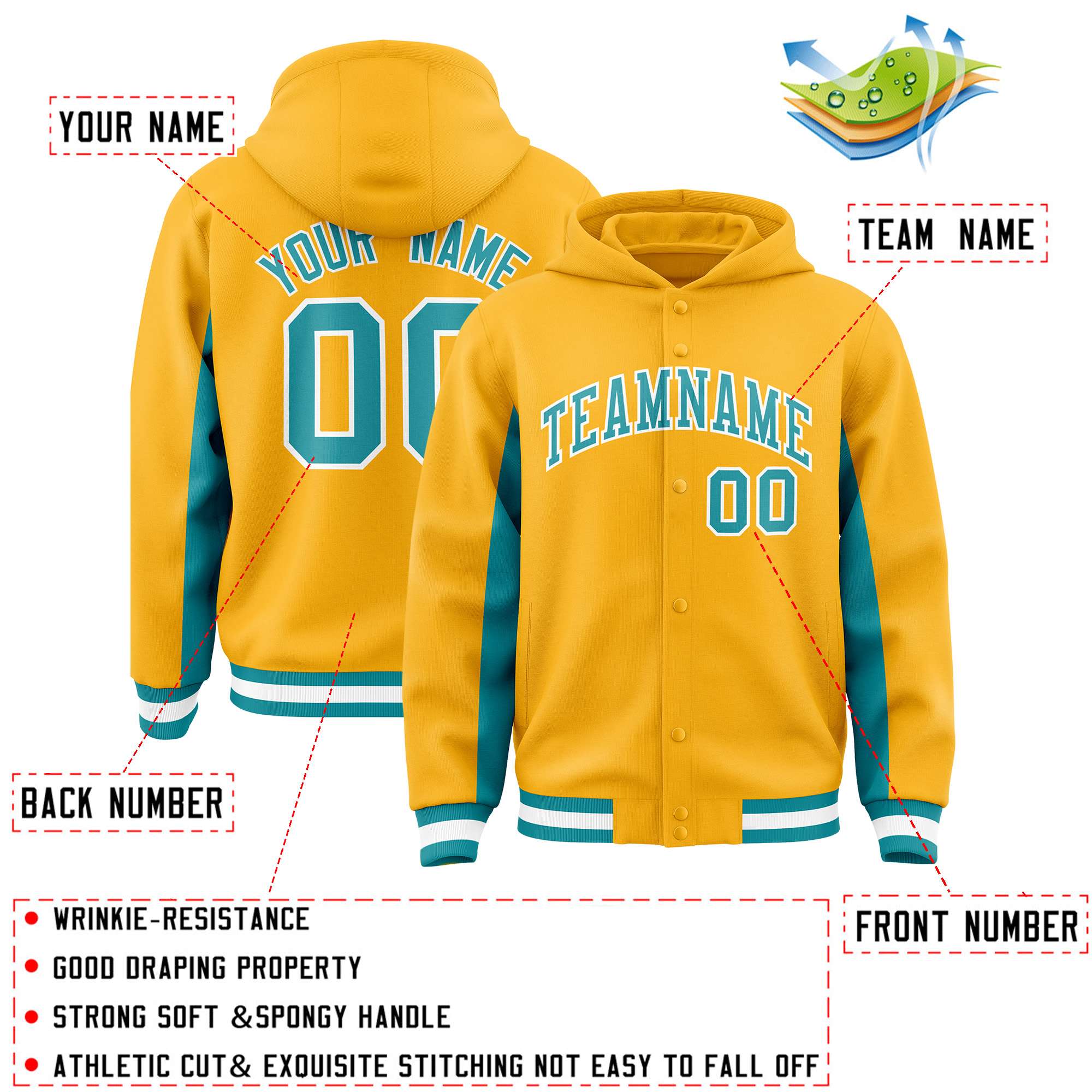 Custom Gold Aqua Color Block Varsity Full-Snap Letterman Hoodie Jacket