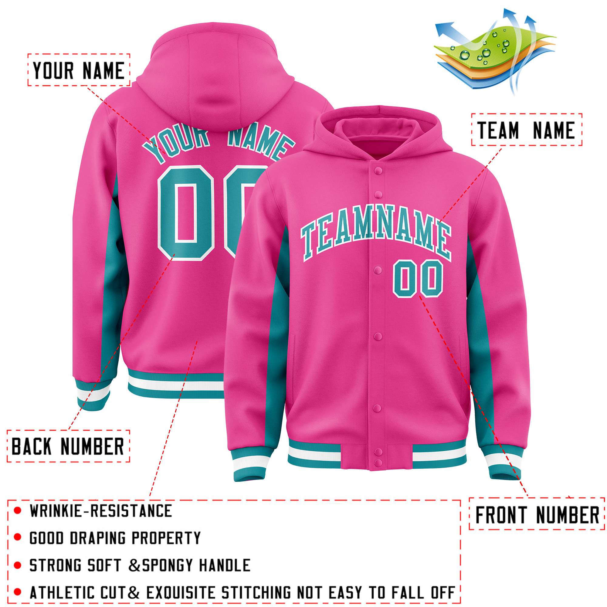 Custom Pink Aqua Color Block Varsity Full-Snap Letterman Hoodie Jacket