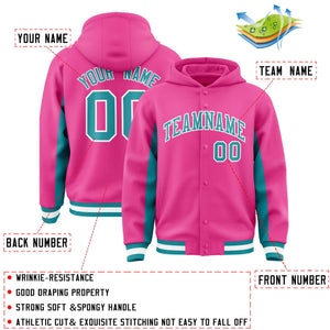 Custom Pink Aqua Color Block Varsity Full-Snap Letterman Hoodie Jacket