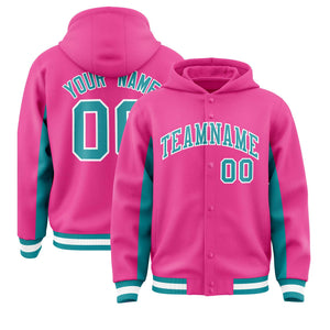 Custom Pink Aqua Color Block Varsity Full-Snap Letterman Hoodie Jacket