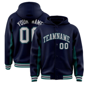 Custom Navy Aqua Color Block Varsity Full-Snap Letterman Hoodie Jacket