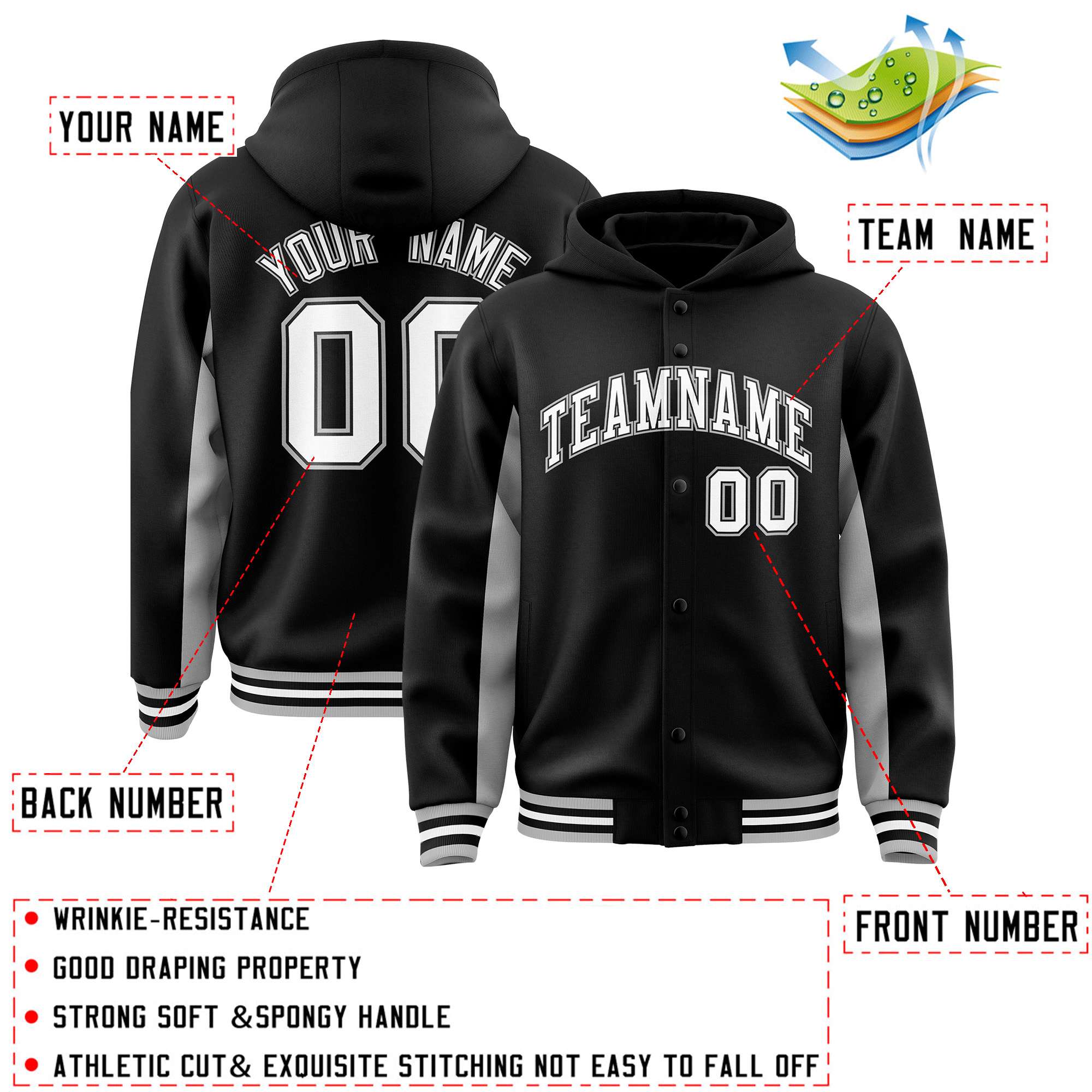 Custom Black Gray Color Block Varsity Full-Snap Letterman Hoodie Jacket