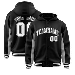 Custom Black Gray Color Block Varsity Full-Snap Letterman Hoodie Jacket