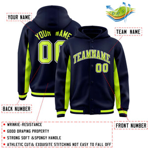 Custom Navy Neon Green Color Block Varsity Full-Snap Letterman Hoodie Jacket