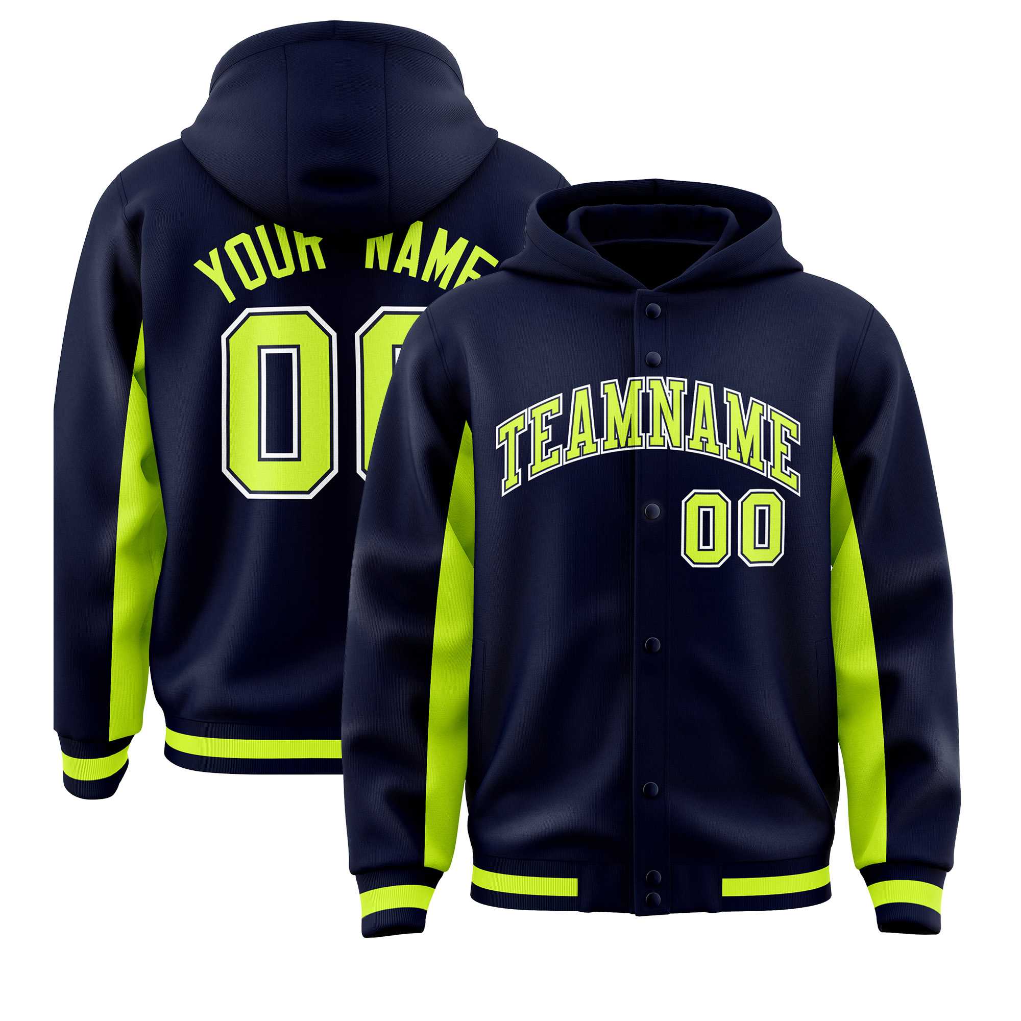 Custom Navy Neon Green Color Block Varsity Full-Snap Letterman Hoodie Jacket