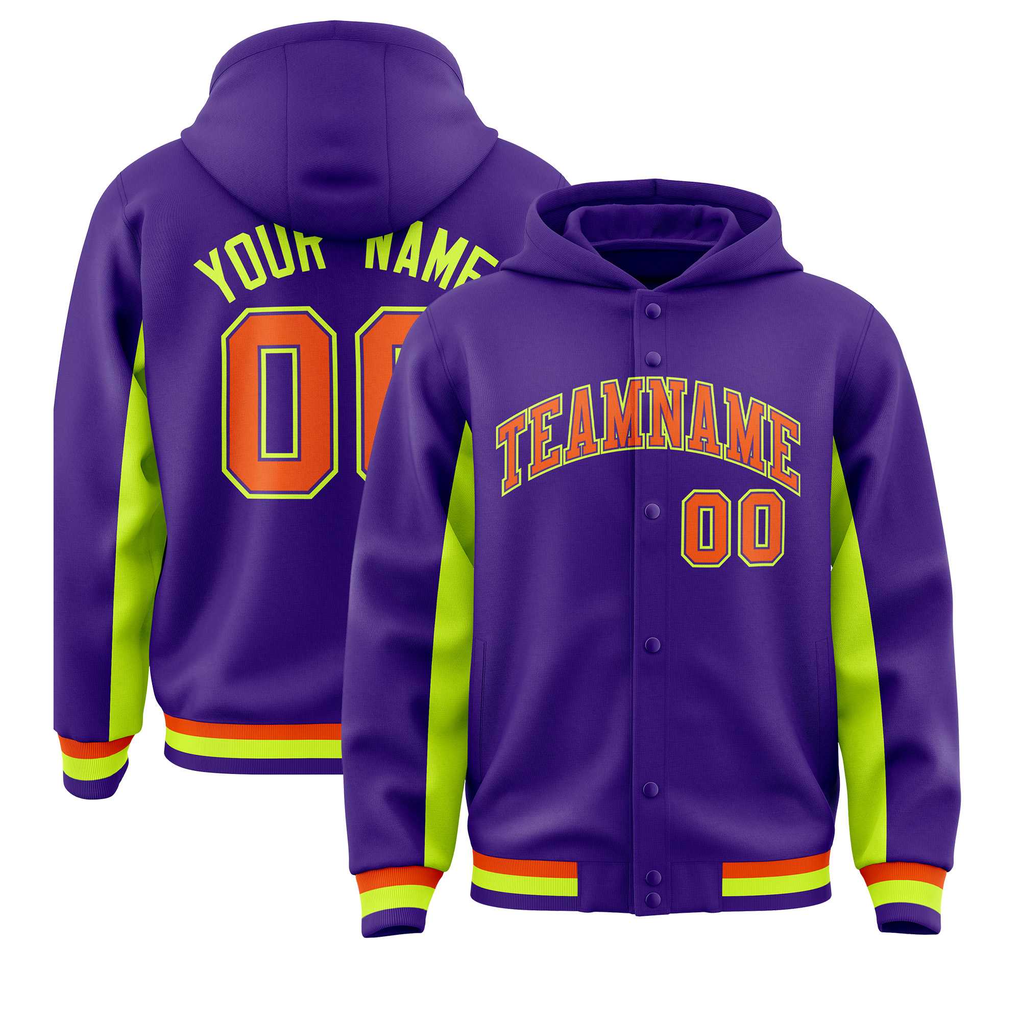 Custom Purple Neon Green Color Block Varsity Full-Snap Letterman Hoodie Jacket