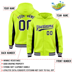 Custom Neon Green Navy Color Block Varsity Full-Snap Letterman Hoodie Jacket